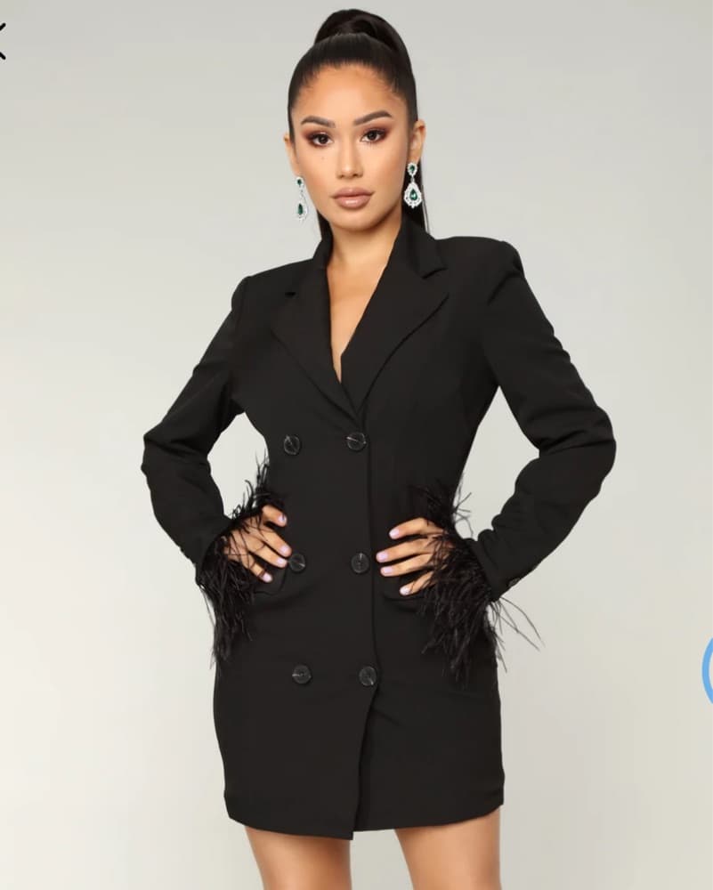 Black Feather Mini Blazer Dress  - Image 1