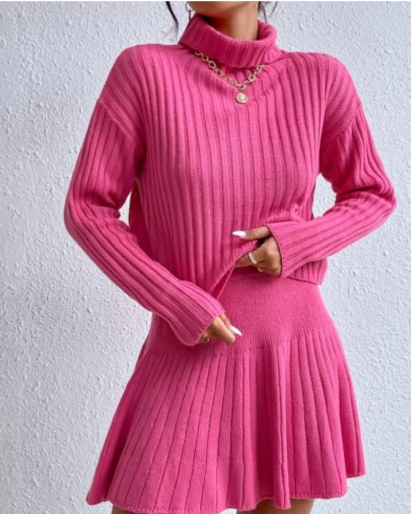 Pink Turtleneck Sweater Skirt Set - Image 3