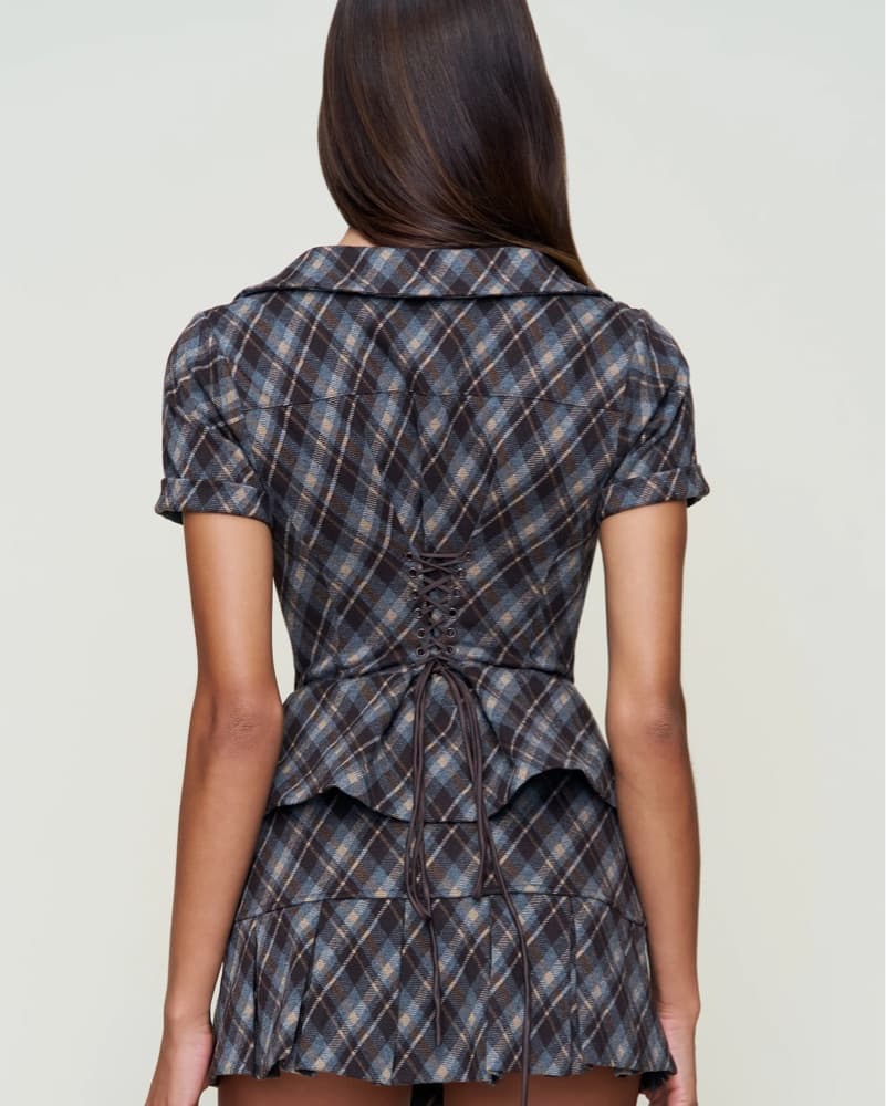 Lia Buttondown Diamond Tartan Corset Top - Image 3