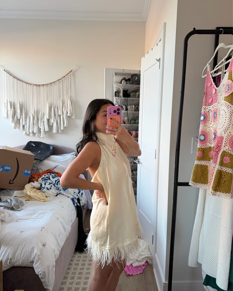 Ivory Feather Hem Mini Halter Dress  - Image 1