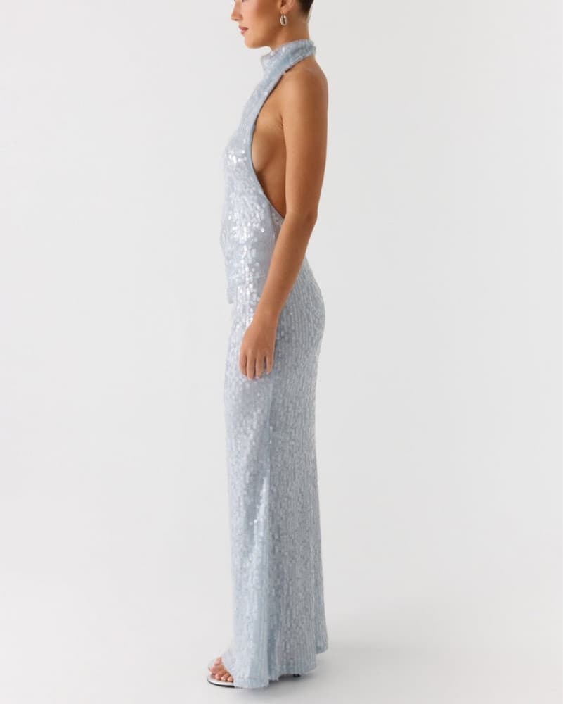 Sequined Silver Halter Gown - Image 2