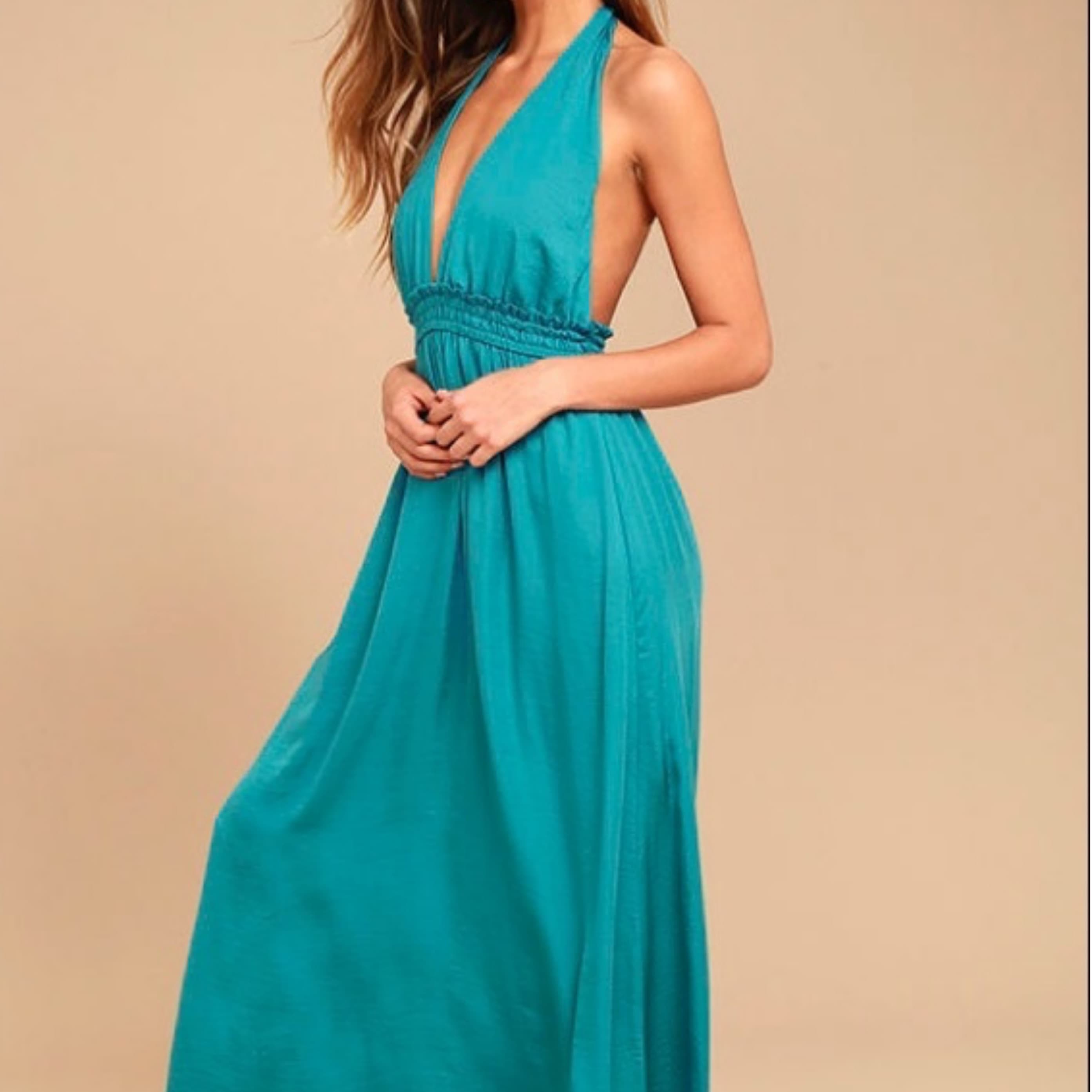Teal Satin Halter Maxi Dress - Image 1