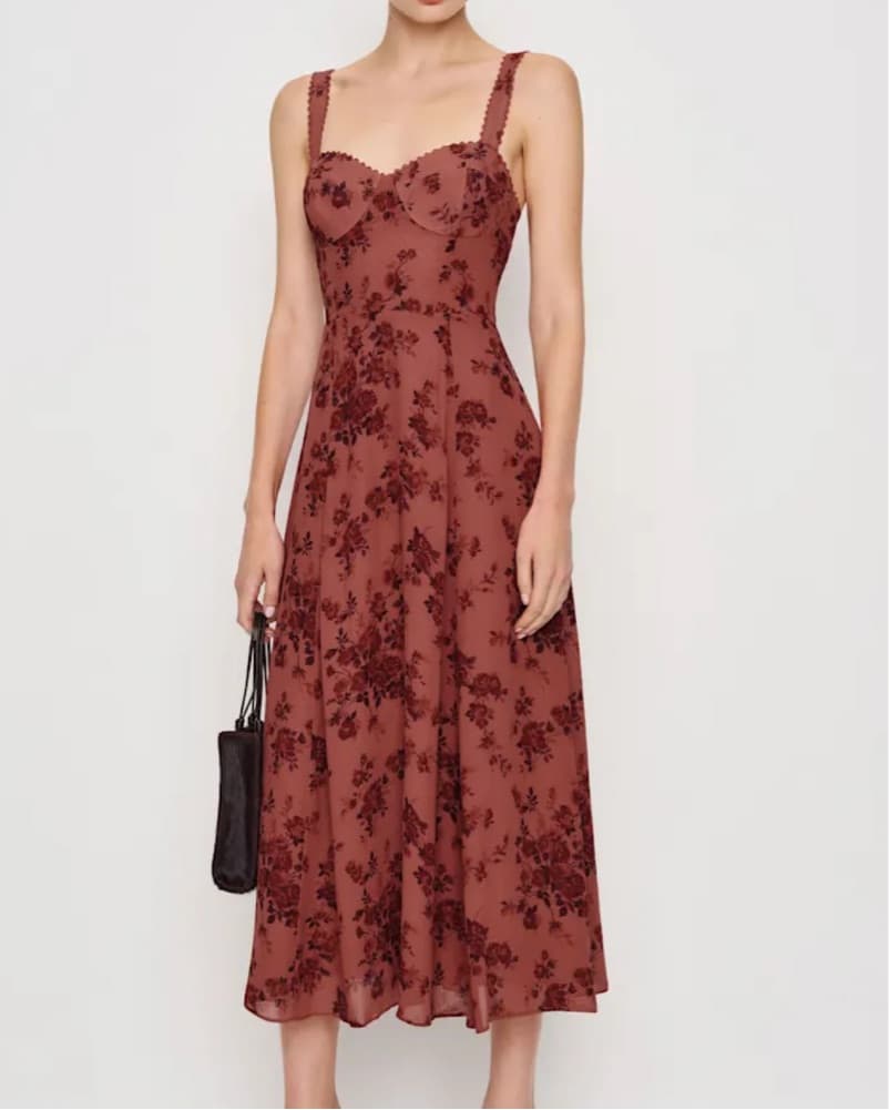 Stunning Burgundy Floral Midi Dress - Image 1