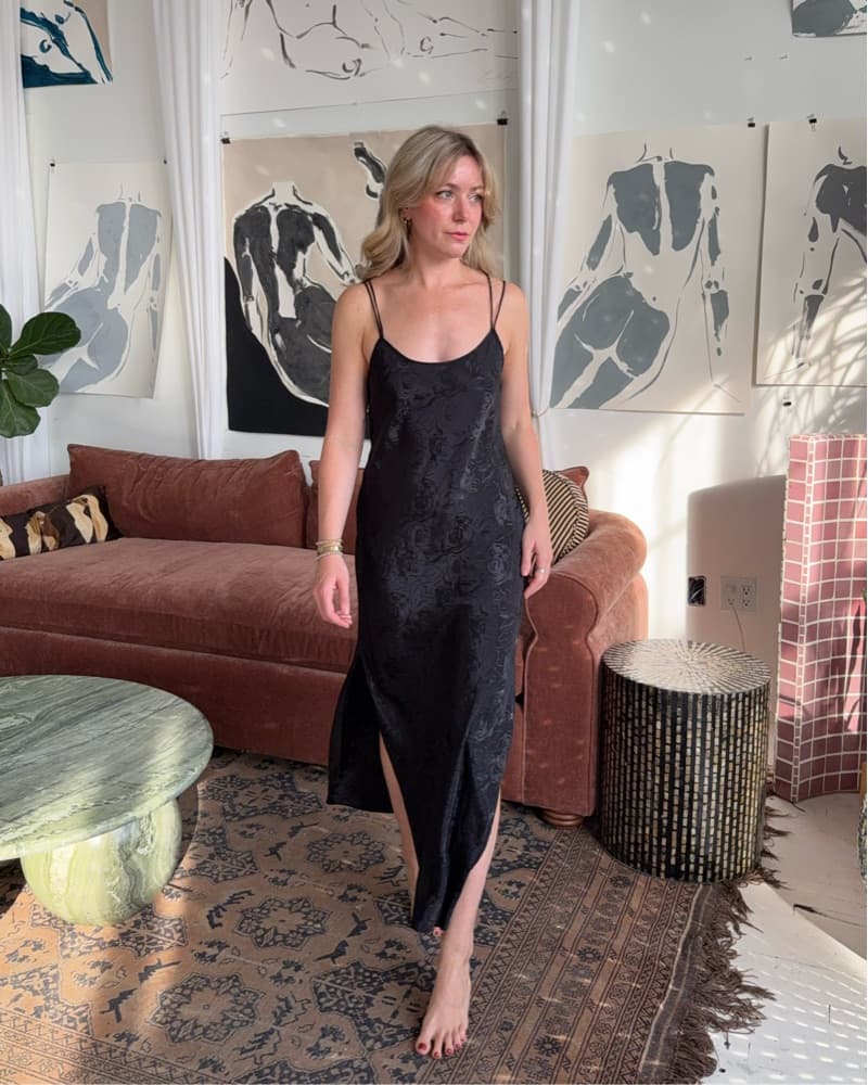 Vintage Black Rose Print Bias Slip Dress - Image 1