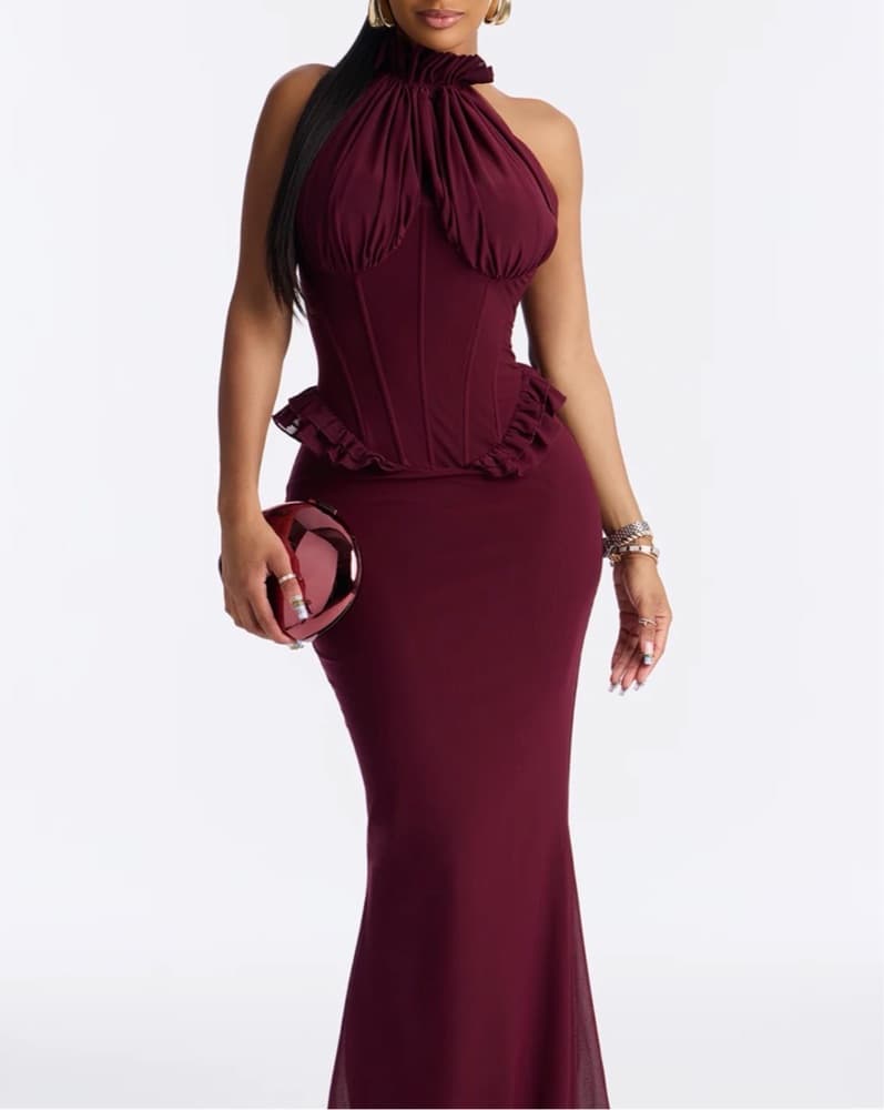 Fashionnova Burgundy Corset Mermaid Gown - Image 2