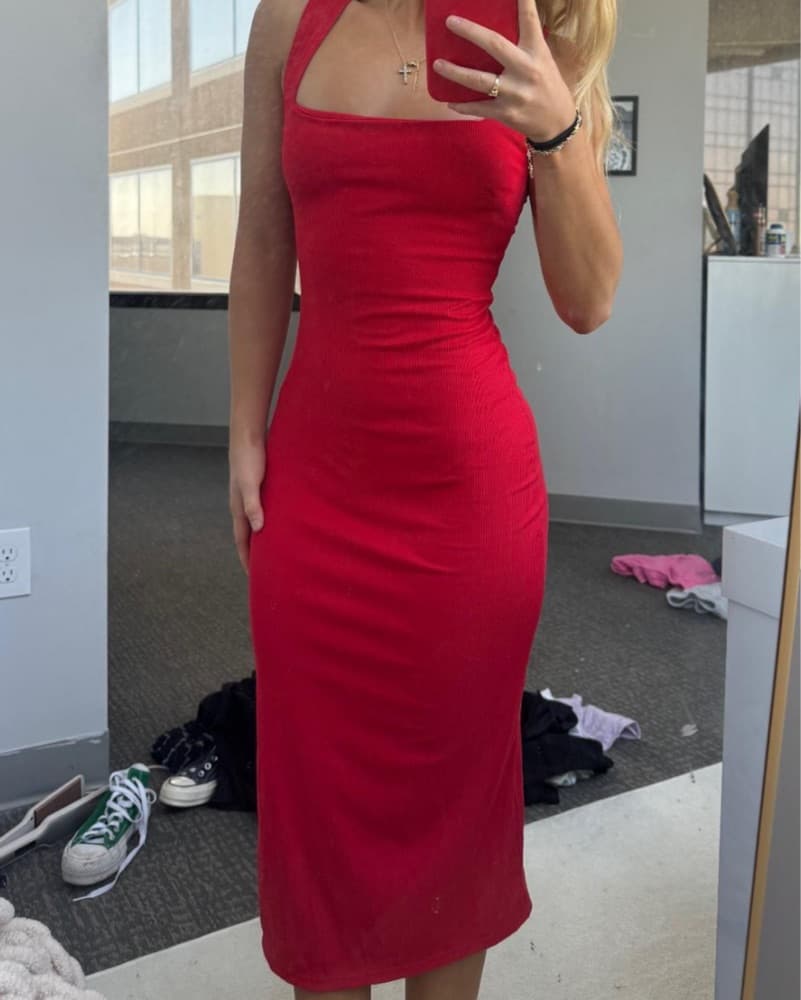 Vibrant Red Fitted Midi Dress - Image 1