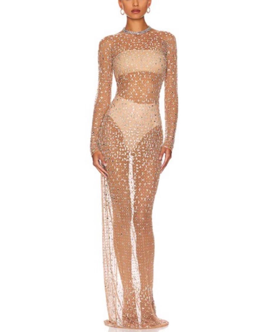 Fully Sheer Bejeweled Nude Dress - Image 1