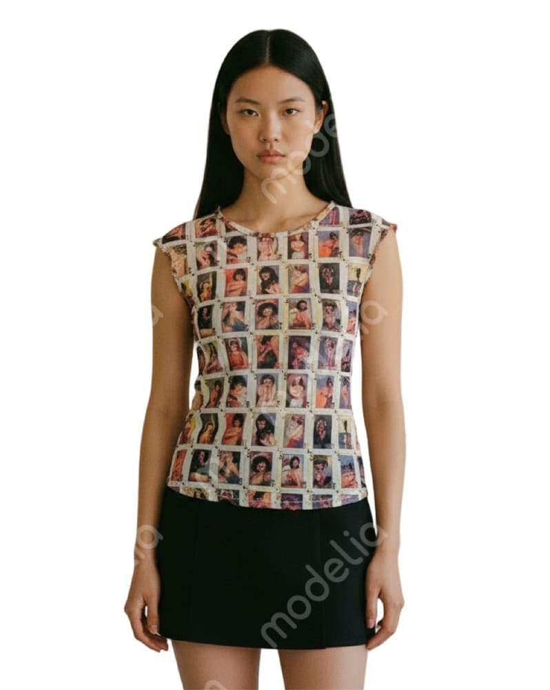 Vivienne Tam Pin Up Cards Print Mesh Top - Image 1