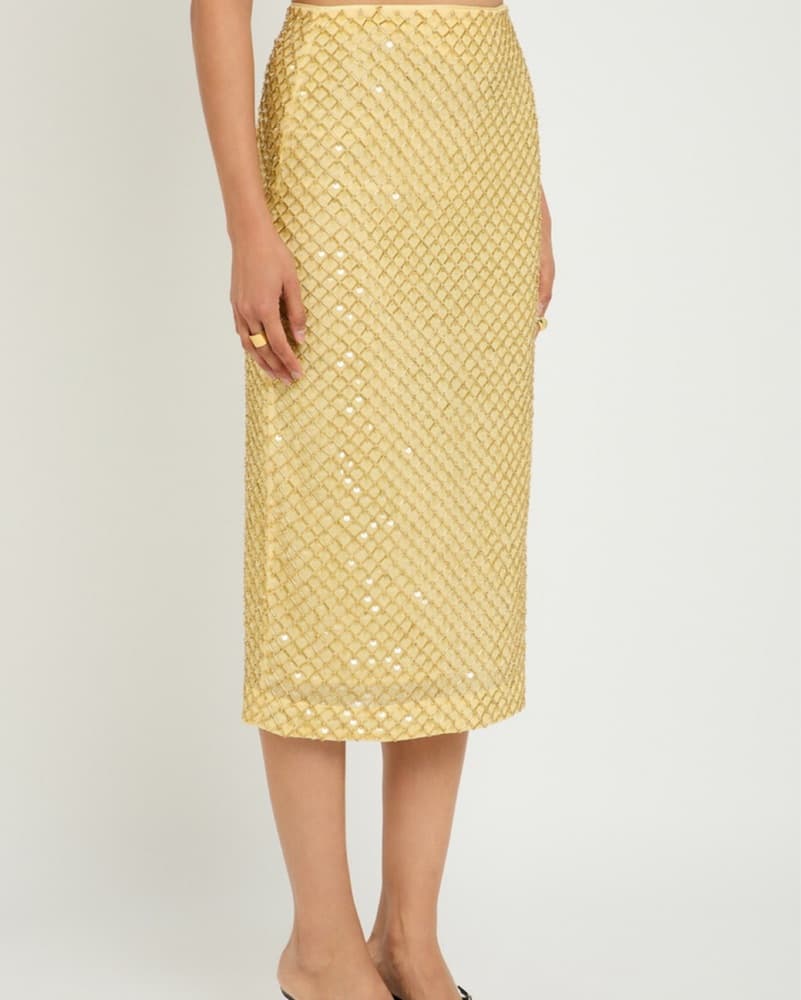 Yellow Beaded Veronica Beard Skirt  - Image 3
