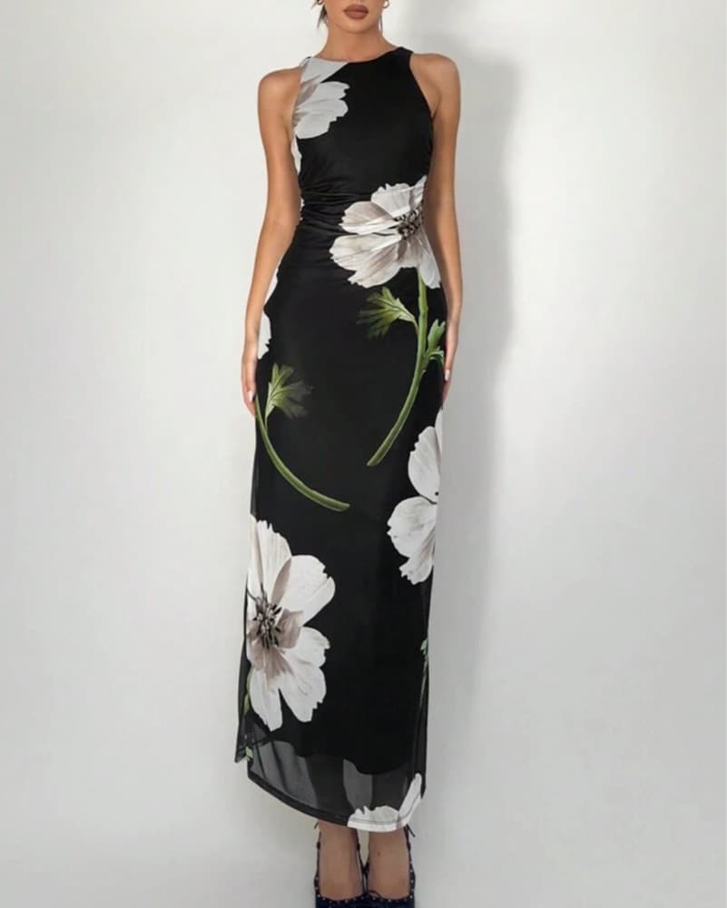 Black & White Flower Maxi Dress - Image 2