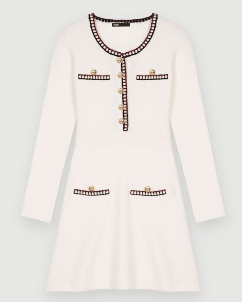 Maje Contrast Rib Knit Dress in White  - Image 1