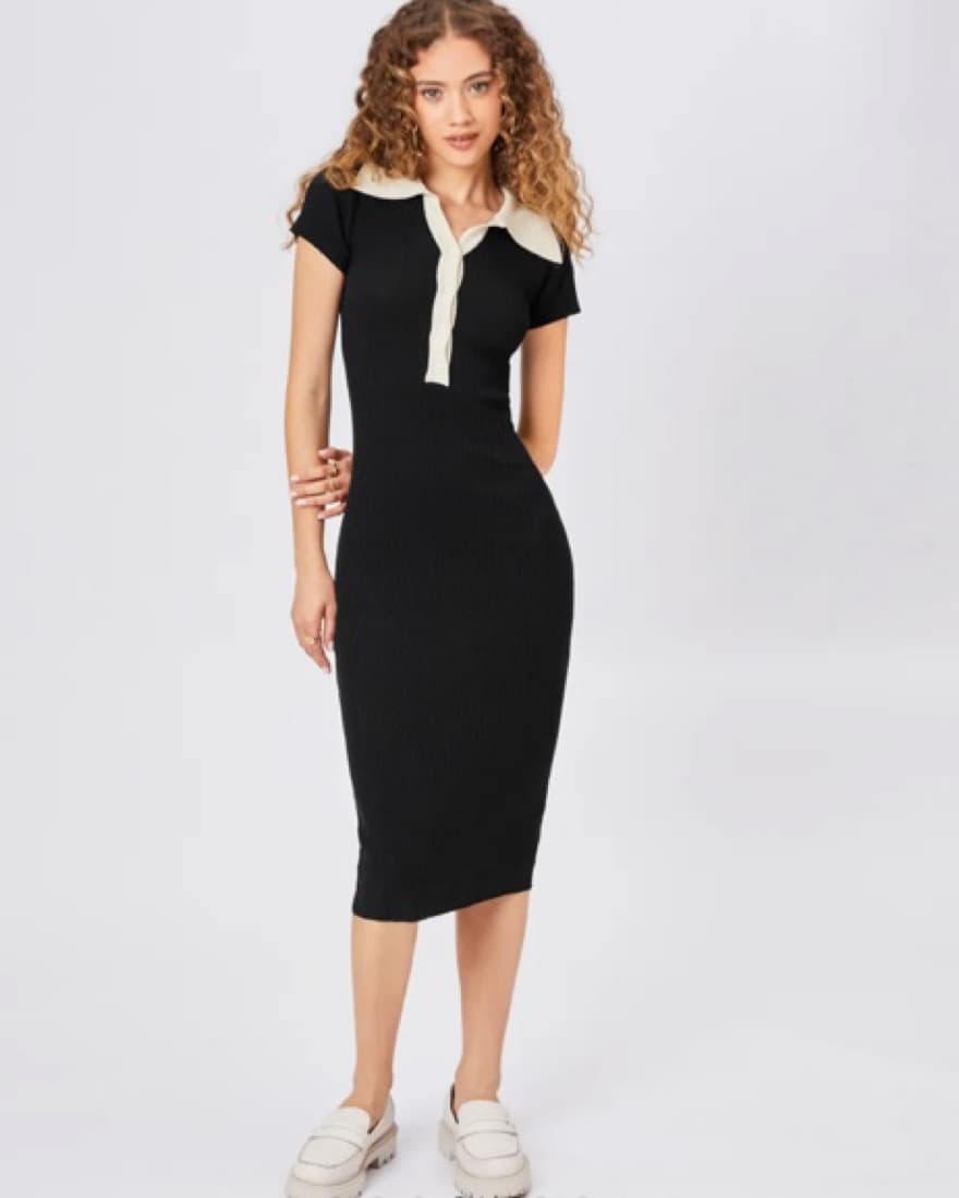 Contrast Collar Rib Knit Midi Dress - Image 2