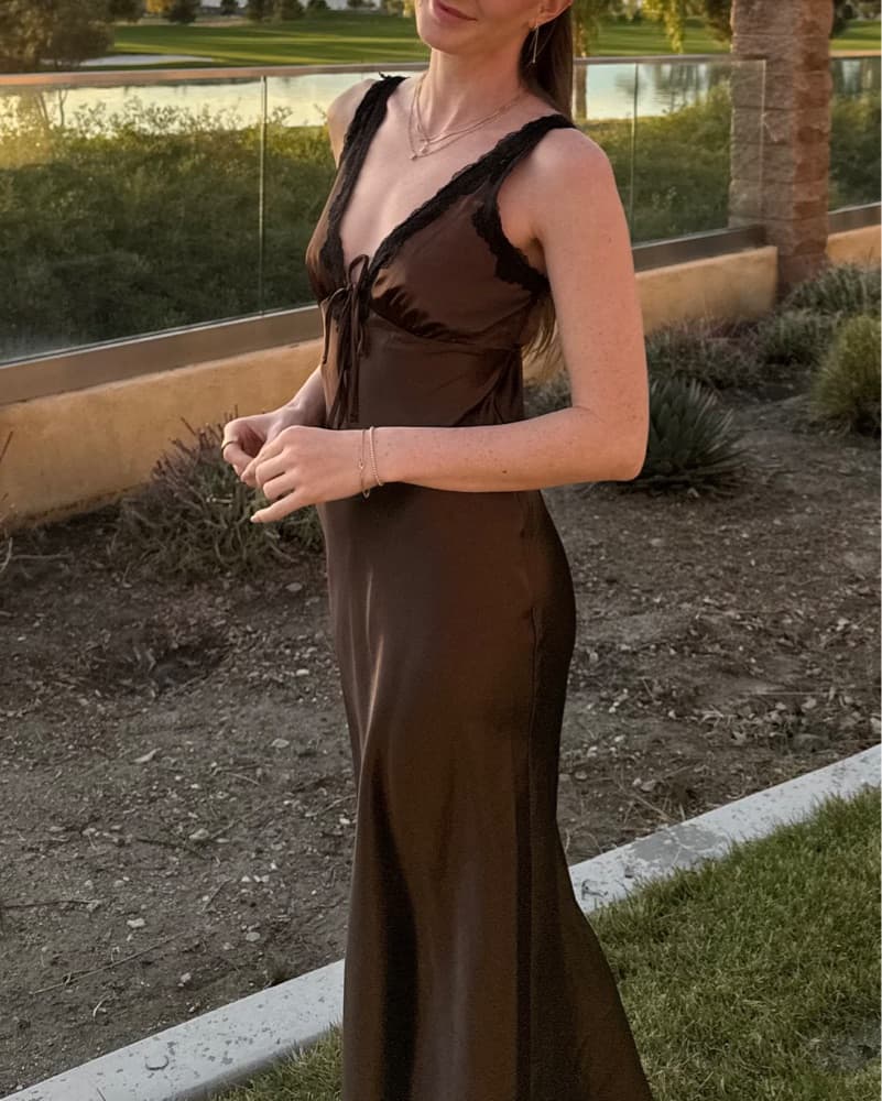 Brown Satin Maxi Dress with Black Lace - Image 1