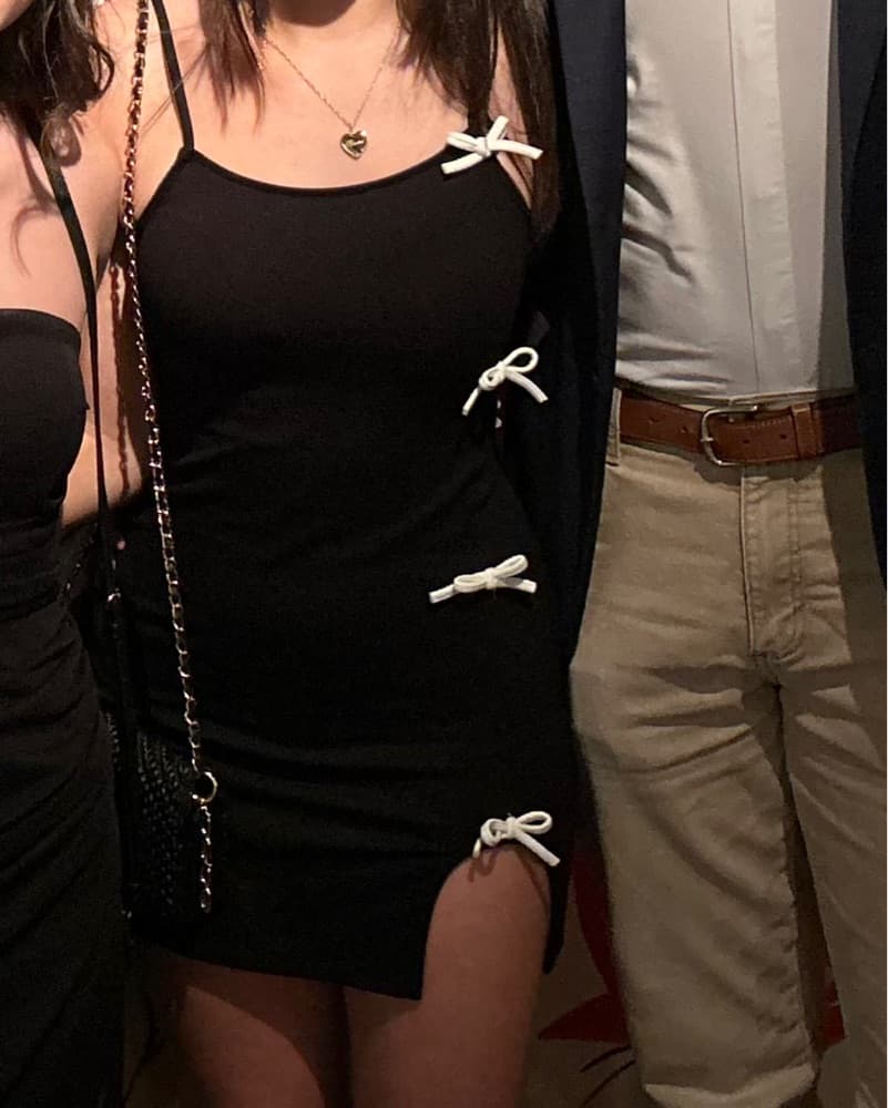 Black Mini Dress With White Bow Detail - Image 1
