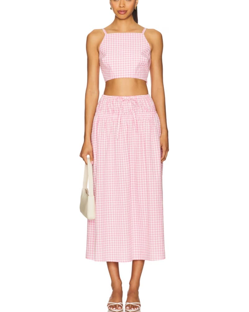 Soft Pink Gingham Crop Top and Midi Skirt Set - Image 1