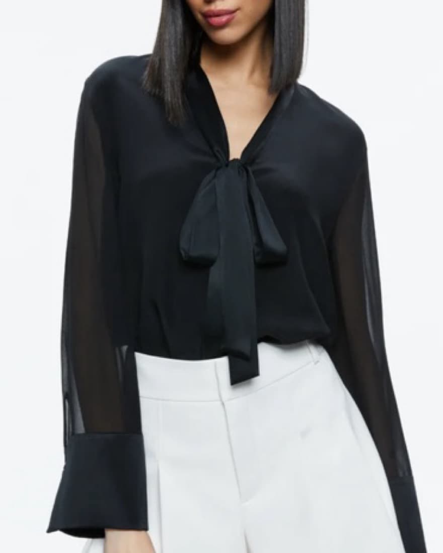 Alice & Olivia Black Chiffon Bow Top - Image 1