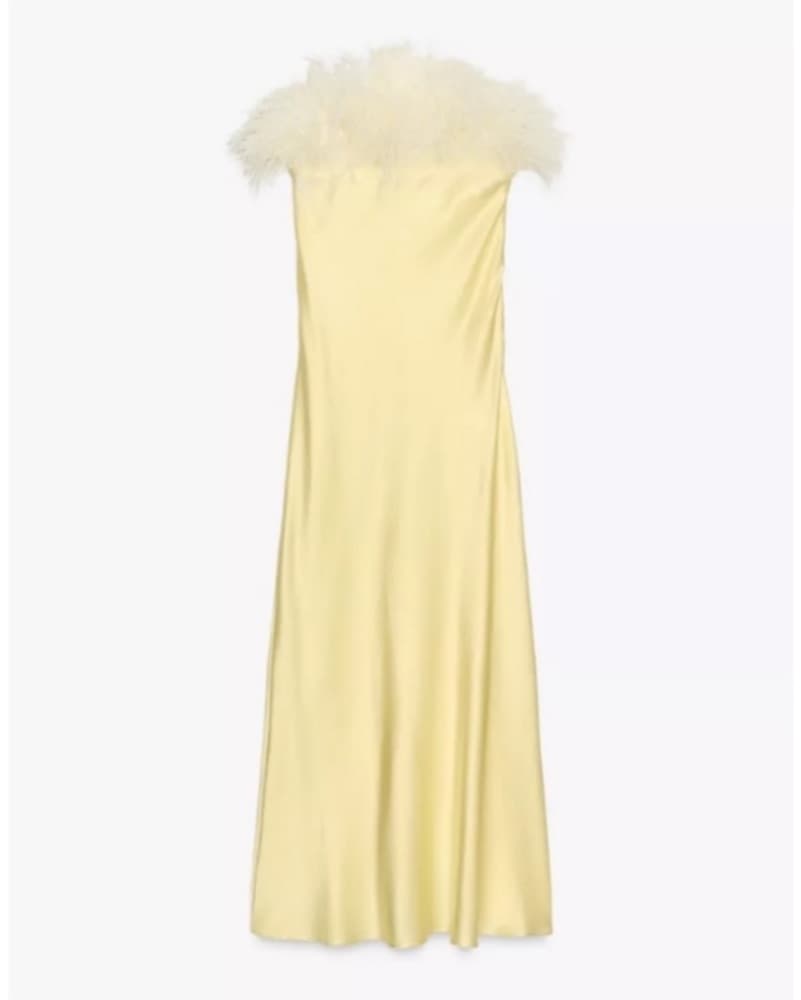 Yellow Strapless Feathered Formal Dress - Image 1