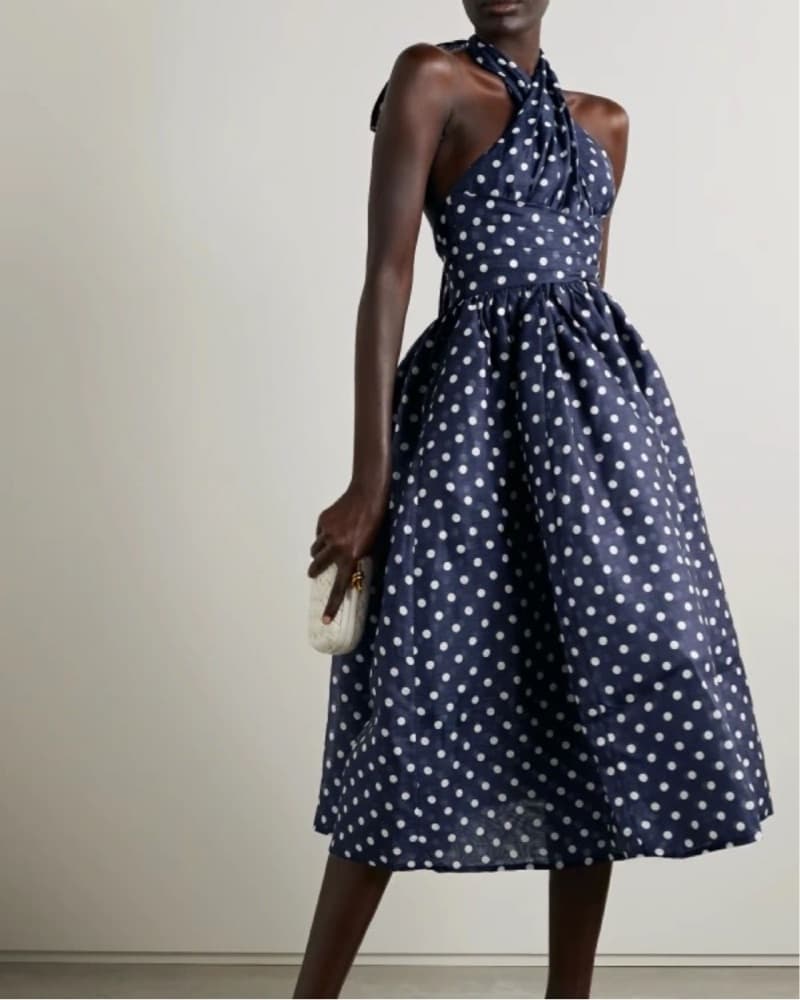 Navy Polka Dot Halter Midi Dress - Image 3