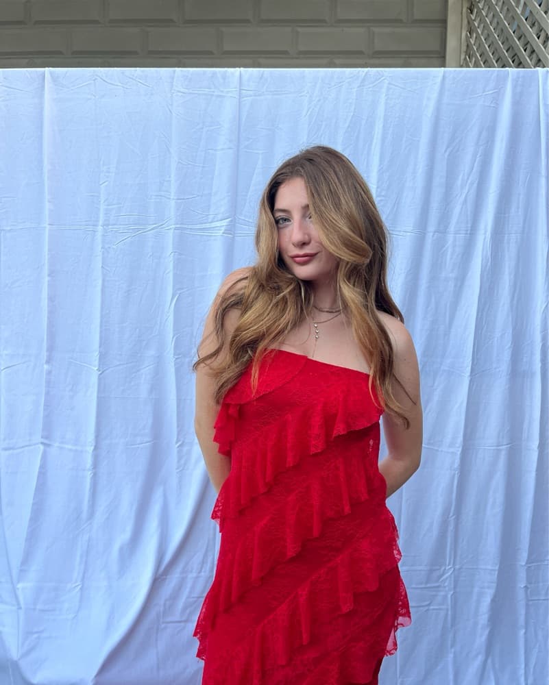 Red Lace + Ruffle Maxi Dress  - Image 1