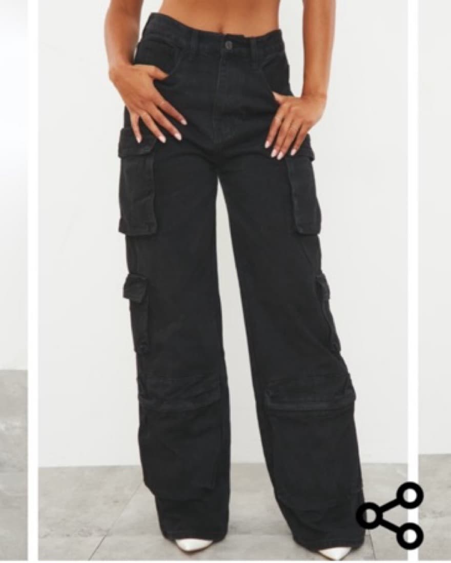 Black Cargo Pocket Detail Wide Leg Jeans - Image 1