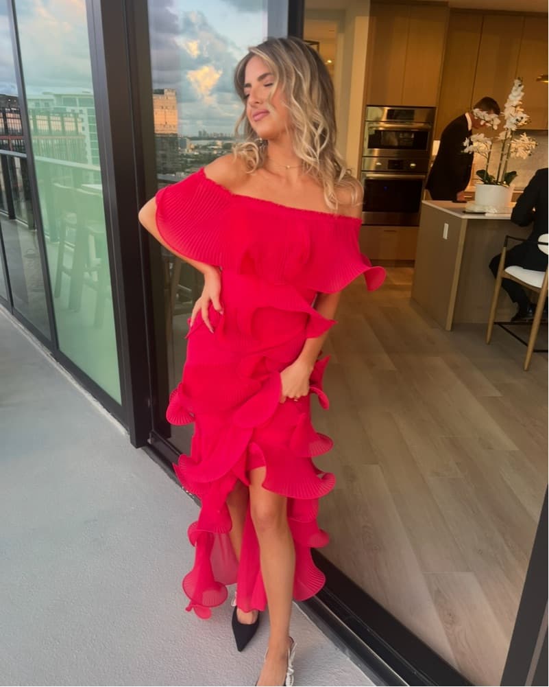 Badgley Mischka Red Off-Shoulder Ruffle  - Image 4