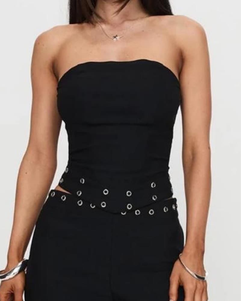 Black Strapless Top With Grommet Detail - Image 1