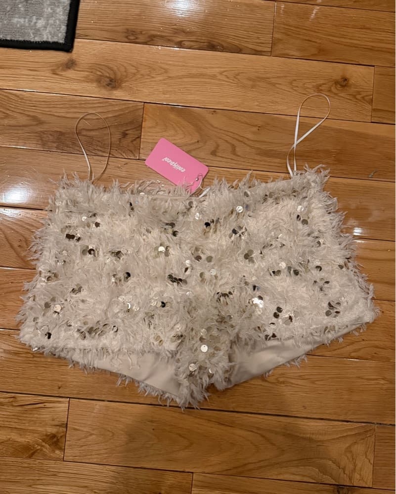 Cream Color Fuzzy Sequins Micro Shorts  - Image 2