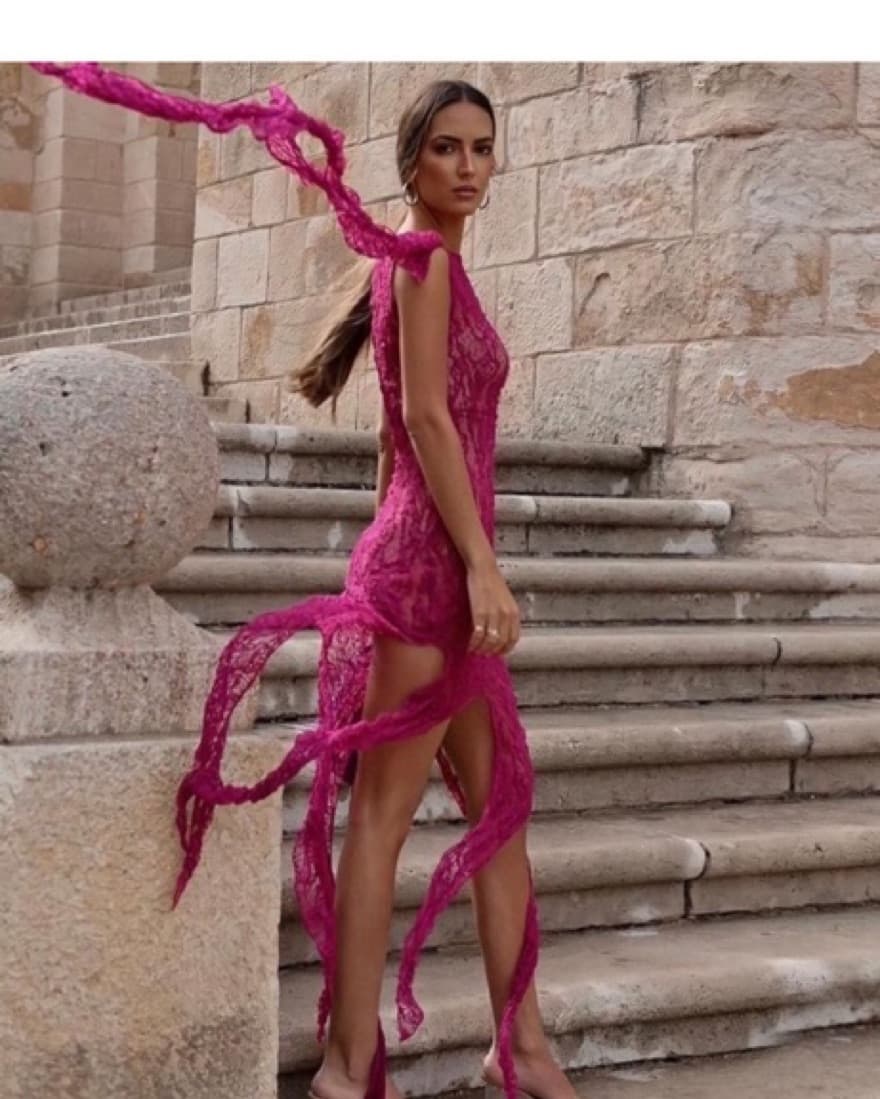 Zara Fuschia Textured Lace Long Dress - Image 1