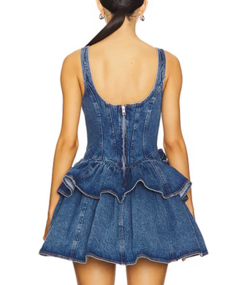 Denim Peplum Dress with Floral Accents - Image 2