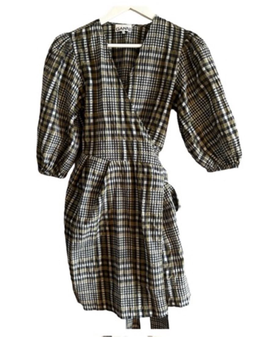 Ganni Chic Plaid Puff-Sleeve Wrap Dress - Image 3