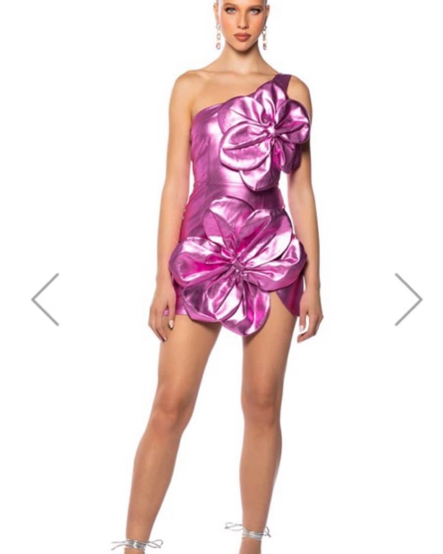 Metallic Pink Mini Dress With Flowers - Image 1