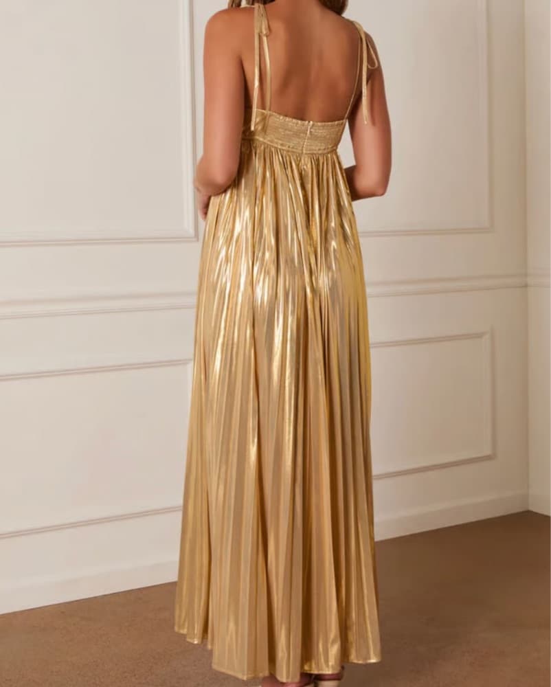 Shimmering Gold Pleated Maxi Dress - Image 2