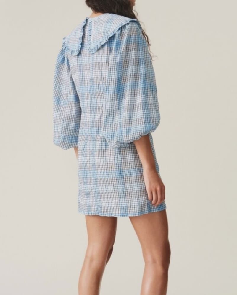 Ganni Seersucker Blue & White Mini Dress - Image 5