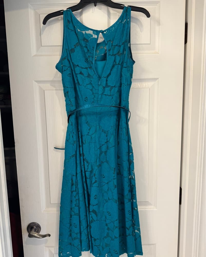 Lace Fit and Flare Belted Dress-Teal - Image 1