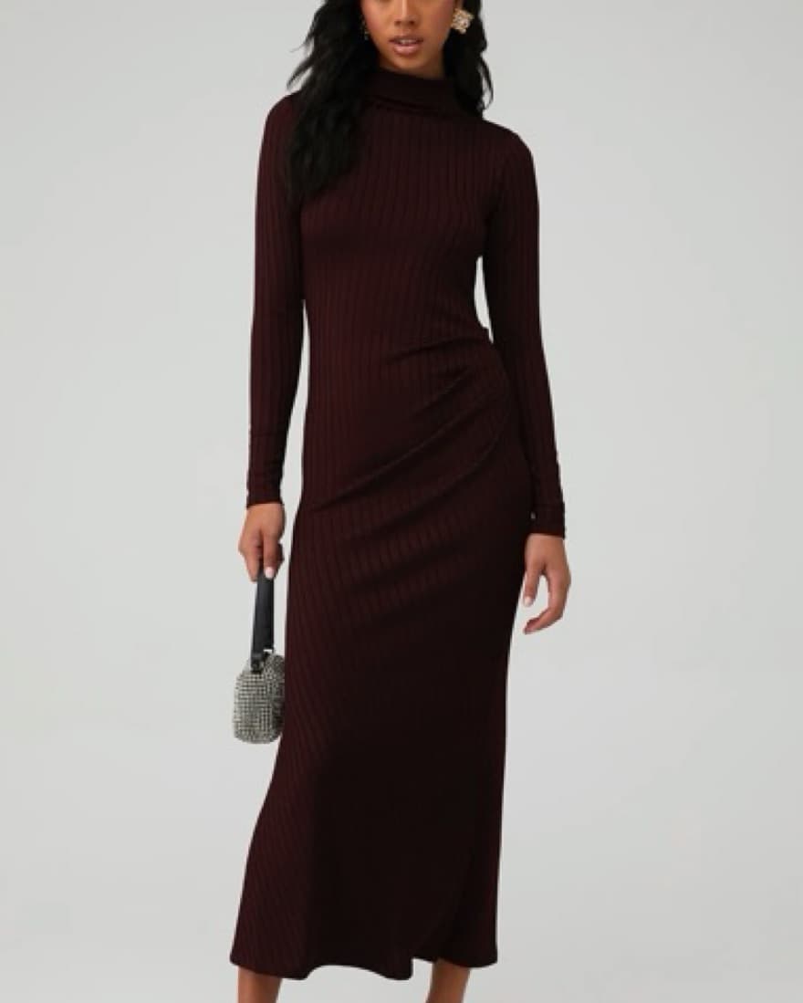  Ribbed Funnel Neck Midi Dress - Image 1