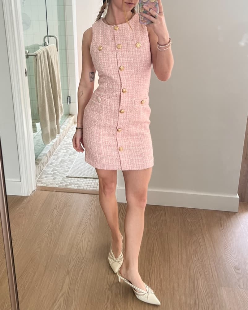 Pink Tweed Dress with Gold Buttons - Image 1