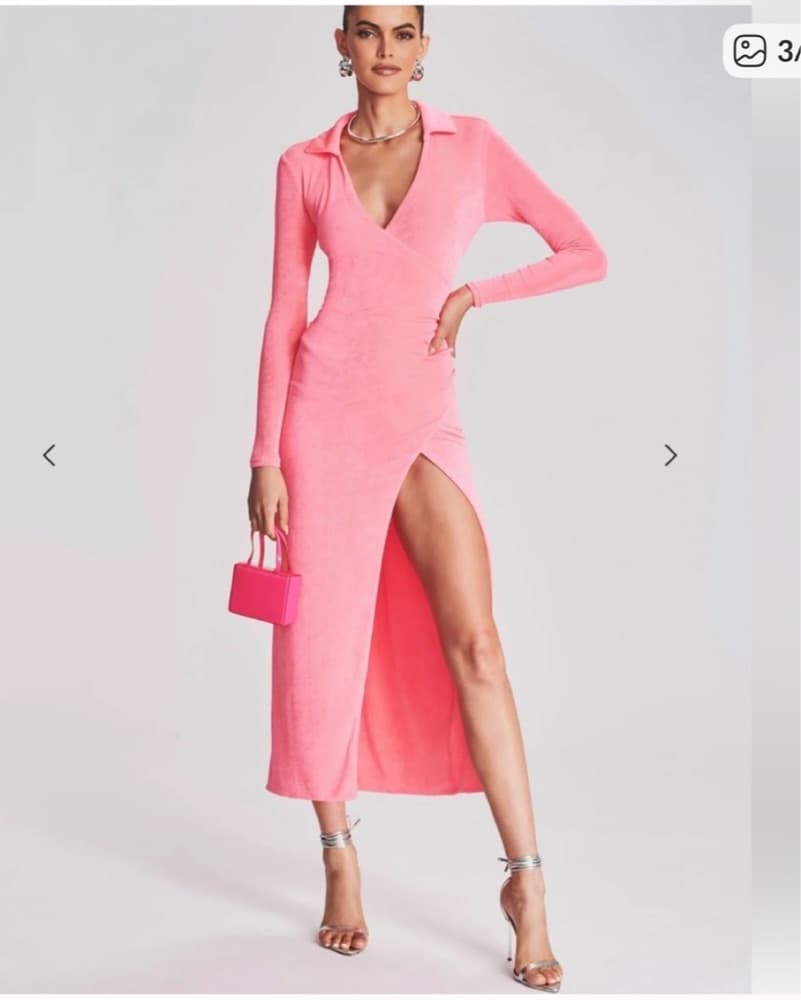 Vibrant Pink Satin Midi Dress - Image 1