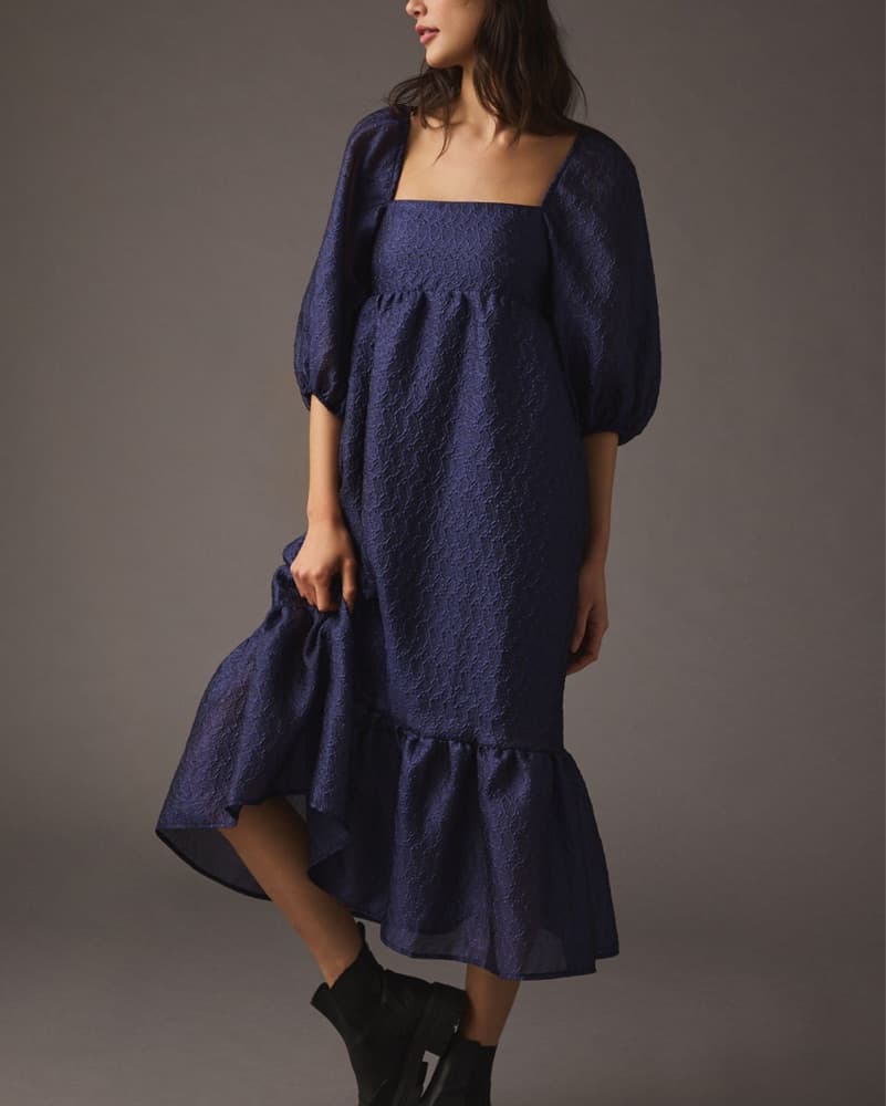 Elegant Blue Puff-Sleeve Midi Dress - Image 1