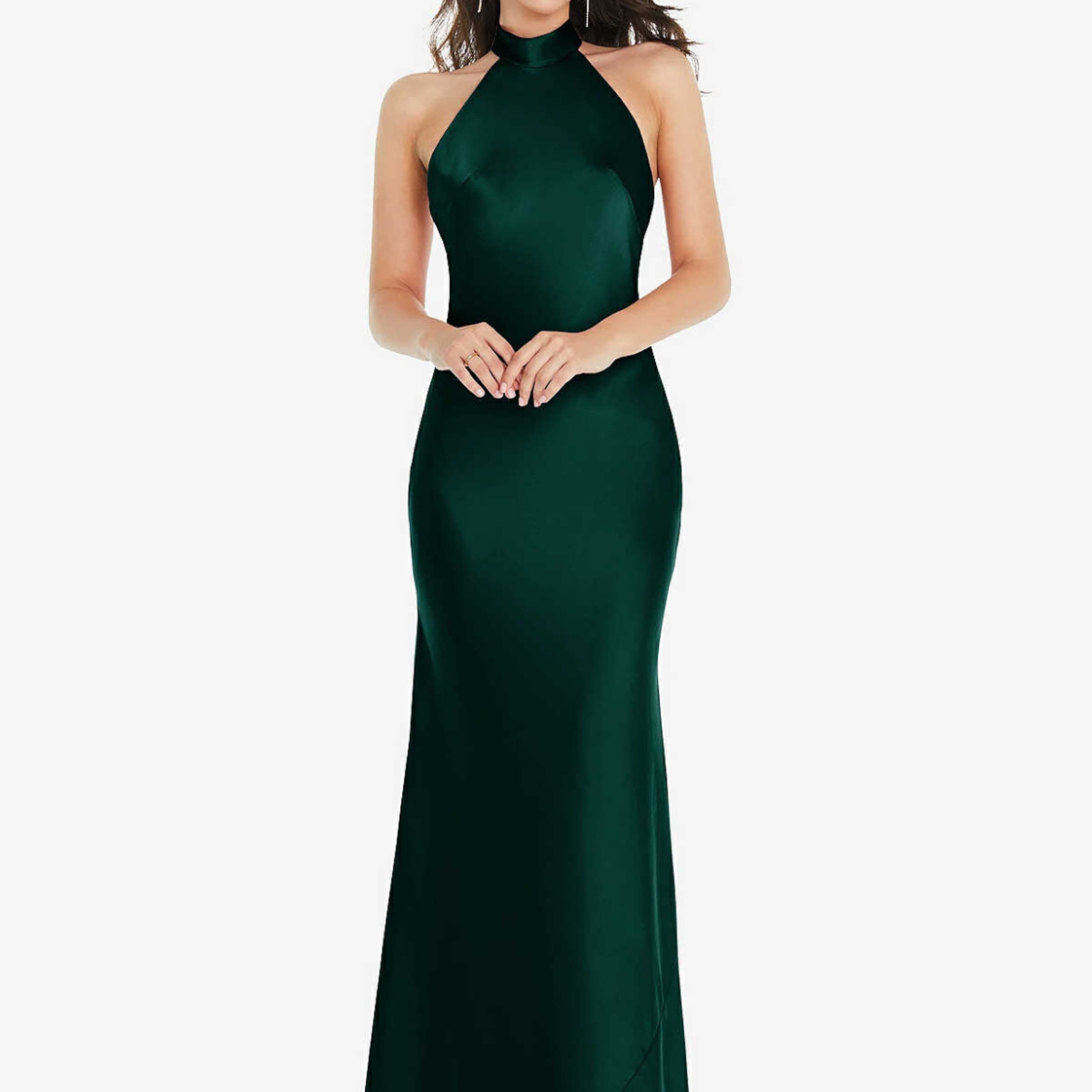 Green High Neck Satin Gown - Image 2