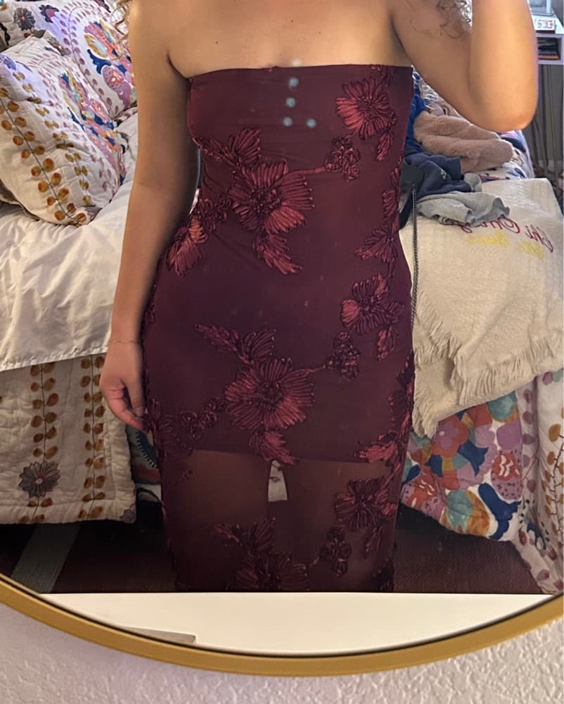 Maroon Red Semi Sheer Floral Dress - Image 2