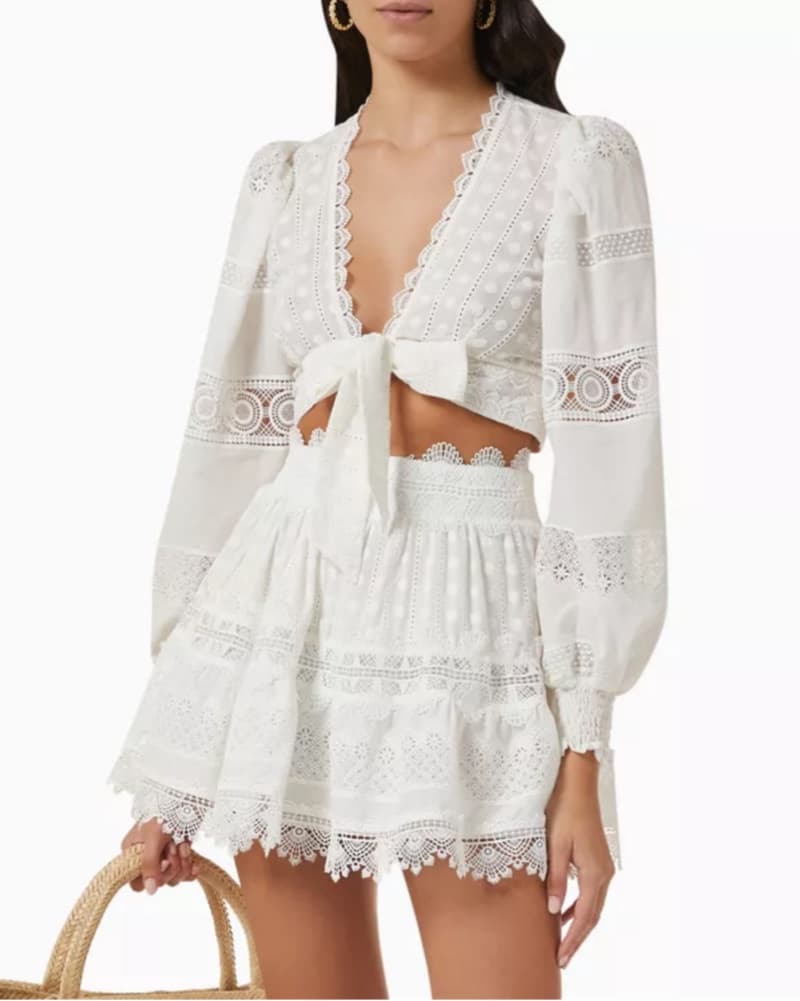 White Crochet Crop Top & Mini Skirt Set - Image 1