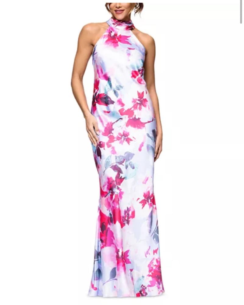 Aqua Floral Satin Gown - Image 1