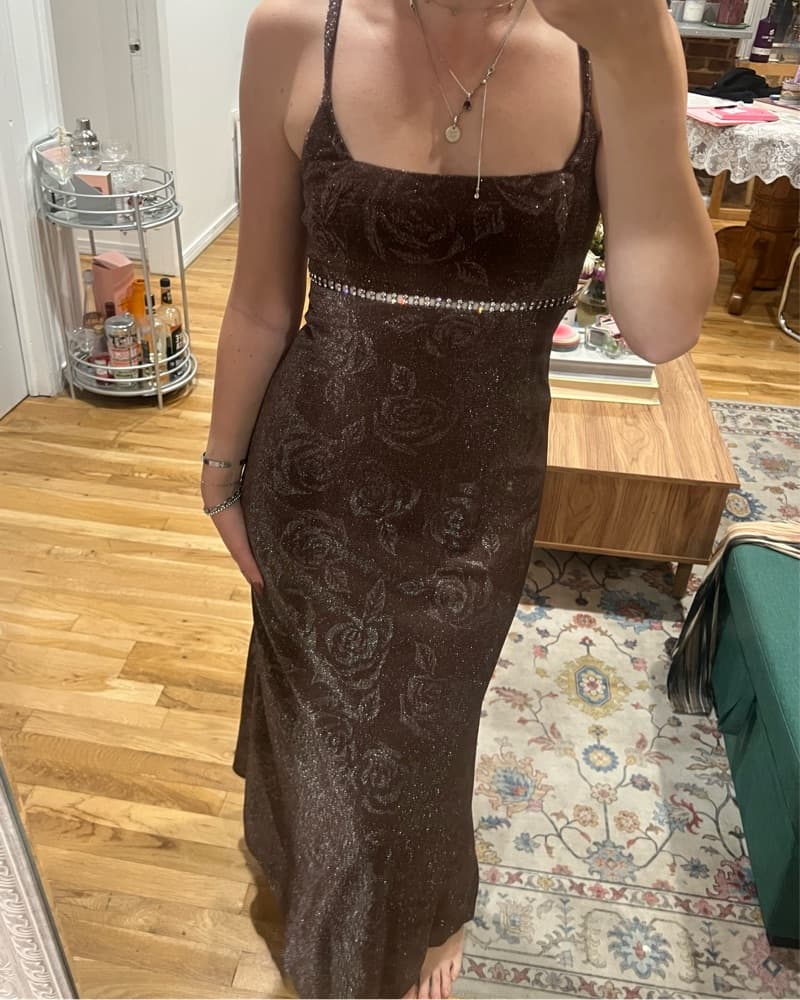 Brown Sequin Embellished Midi Dress - Image 1