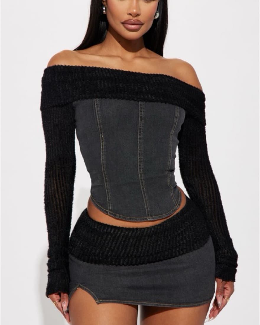 Black Sweater Off-the-Shoulder Denim Set - Image 1
