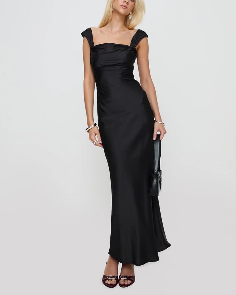 Black Off-the-Shoulder Satin Maxi Dress - Image 2
