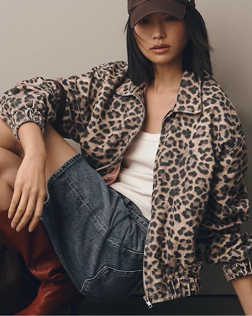 Leopard Print Denim Bomber Jacket - Image 3
