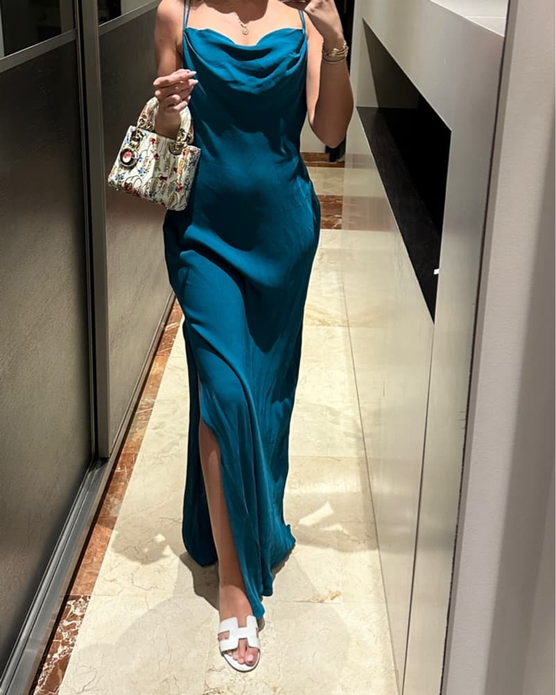 Teal Cowl Neck Gown - Image 3