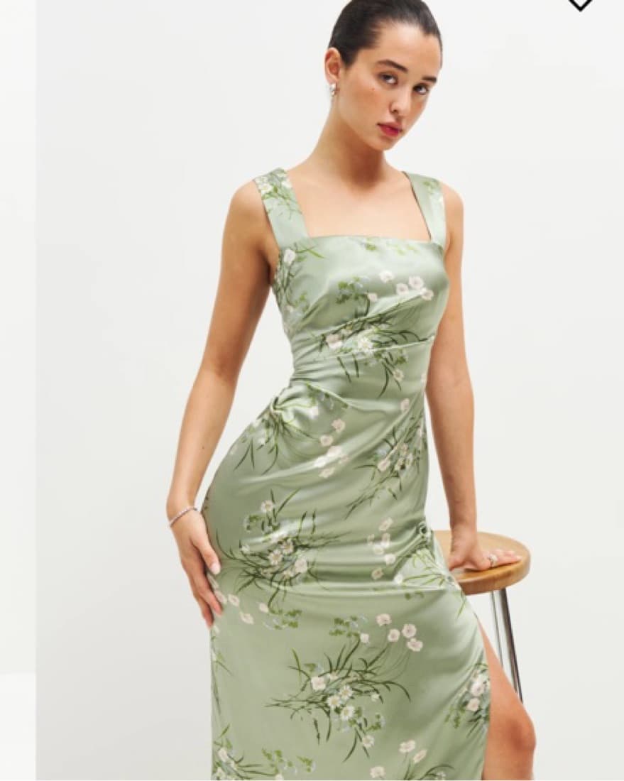 Reformation Earl Silk Green Dress - Image 2