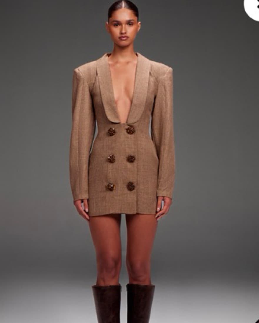 BROWN TEXTURED BUTTON PLUNGE BLAZER DRES - Image 3