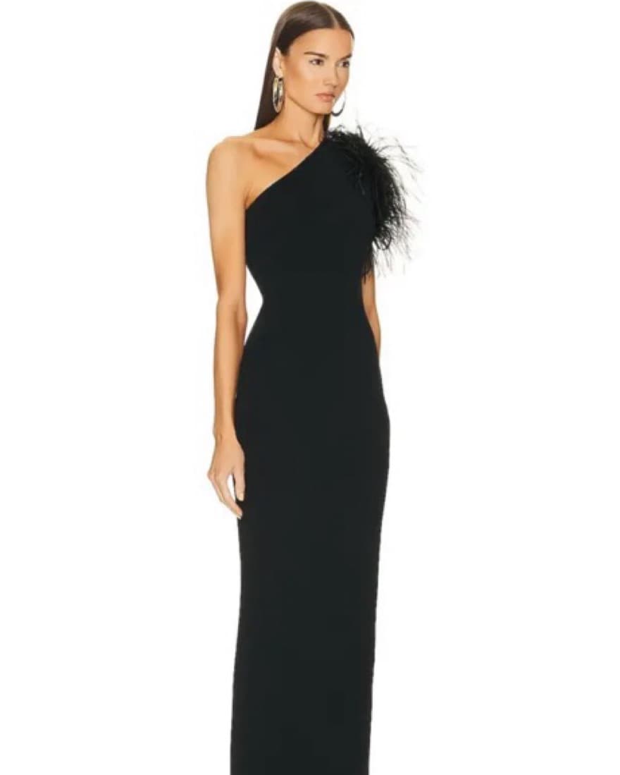 Black Gown One Shoulder Feather - Image 2